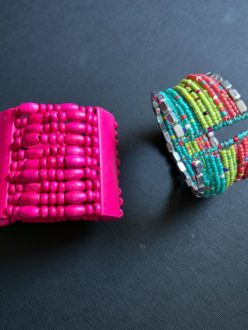 2 Boho Stretchy Bracelets - Wooden Pink + Multicolor Beaded Bangle